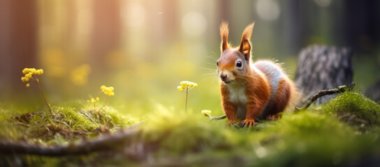 Red squirrel eating with green background in autumn portrait of squirrel yellow park with fallen leaves.