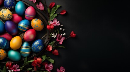 Fototapeta na wymiar Happy Easter! Banner with colorful painted easter eggs on dark background. Website banner or greeting card.
