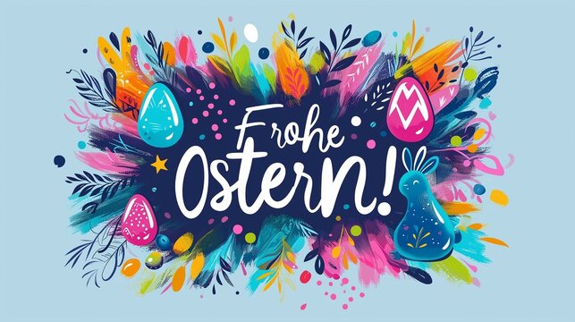 Happy Easter! Banner with easter eggs and calligraphy text "Frohe Ostern". blue background, modern style. Website banner or greeting card
