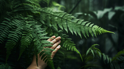 The hand of a young woman touching fern leaves