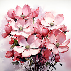 Pink cherry blossom orchid flowers dogwood bouquet on the white paper texture