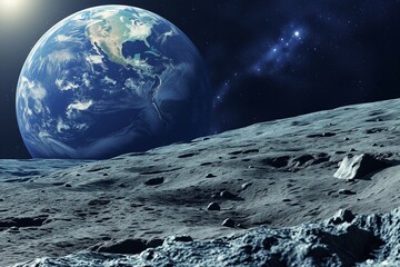 moon and blue earth, dark night on the moon 
