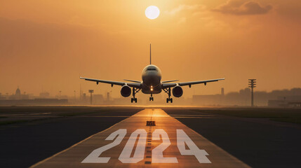 Airplane taking off on runway with 2024 text and sunset background.2024 year challenge concept.