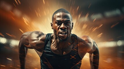 Fototapeta na wymiar Closeup of a professional black african american track sprinter running on a stadium.