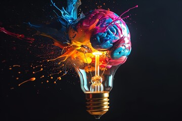 creative colorful lightbulb explodes with colorful paint and the human brain, creative ideas, and new thinking pattern