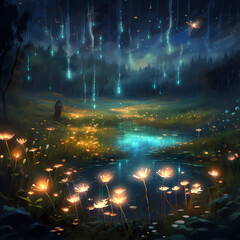Bioluminescent fireflies in a magical meadow.