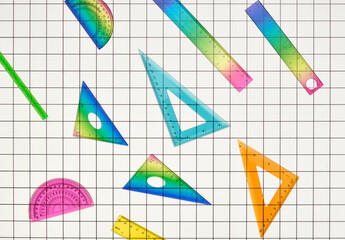 Pattern of multicolored rulers. Top view. Office supplies.
