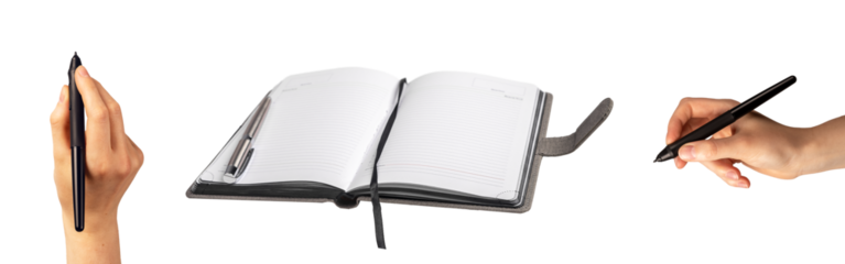 Office planner, business organizer, hands holding pens, writing. Notepad, pencil isolated on white