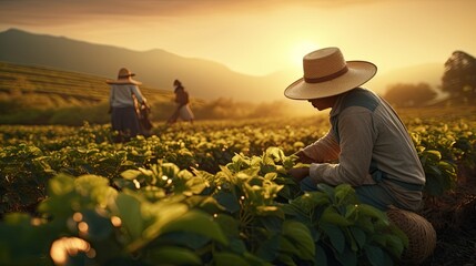 Farmer workers working at coffee plantation fields harvesting beans wearing vintage clothing with straw hats. - obrazy, fototapety, plakaty