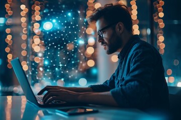 a person with a laptop, digital technology, global network connection, computer science