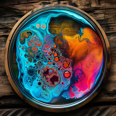 Macro photo of colorful wild growing bacteria colonies and molds in a round petri dish forming all kinds of beautiful colorful patterns and shapes.