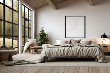 Fototapeta premium Scandinavian farmhouse bedroom interior, poster frame mockup, 3d render. interior of bedroom with a bed