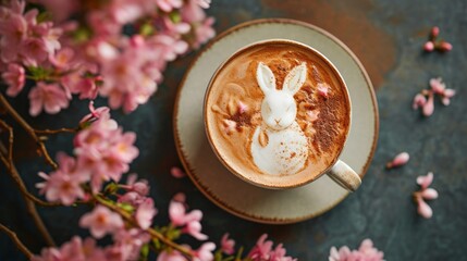 Obraz na płótnie Canvas cup of coffee latte with Easter bunny, art. Beautiful Easter and spring background