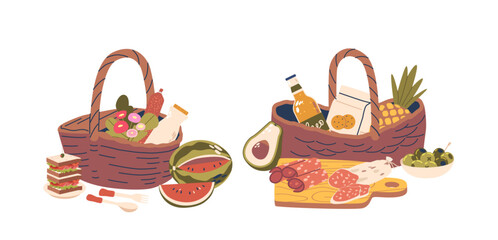 Picnic Baskets Filled With Delicious Products And Drinks, Perfect For A Leisurely Outdoor Meal, Vector Illustration