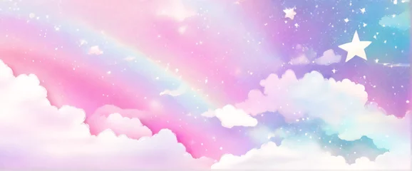 Fotobehang Holographic fantasy rainbow unicorn background with clouds and stars. Pastel color sky. Magical landscape, abstract fabulous pattern. Cute candy wallpaper. Vector.  © Cobe