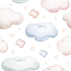 Seamlesss pattern with cartoon clouds, magic baby bear bunny toys and cow. Watercolor hand drawn illustration with white background - 701752109