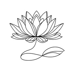Flower lotus in one continuous line drawing. Logo yoga studio and wellness spa salon concept in simple linear style. Water lily in editable stroke. Doodle contour vector illustration