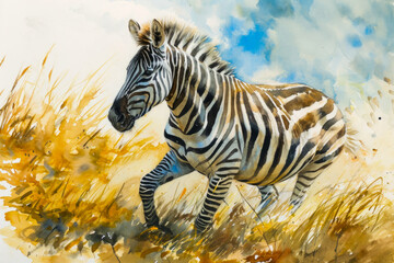 Portrait of a zebra running through the fields watercolor