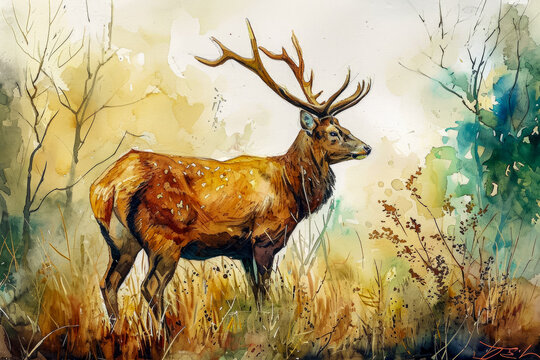 Watercolor portrait of a deer standing in a clearing