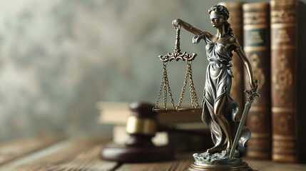 Law and justice concept. Statue of justice, books and scales.	
