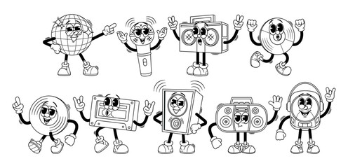 Audio Technique Characters In Cartoon Linear Retro Style. Dynamics, Tape Recorder, Microphone, Player And Disco Ball