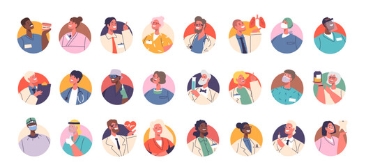 Set Of Diverse Professional Medics And Doctor Character Avatars, Showcasing A Range Of Specialties Vector Illustration