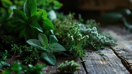 Mix of fresh herbs from garden on an old wooden table Parsley, basil, rosemary, thyme, mint, marjoram. Green herbs background