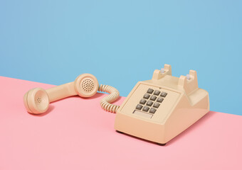 Beige retro phone and idea of communication. Vintage and business conversations.