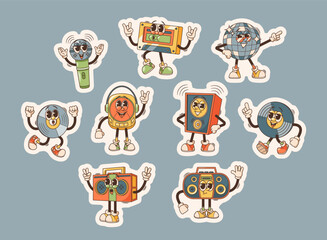 Set Of Stickers, Audio Technique Characters In Cartoon Retro Style. Dynamics, Tape And Recorder, Microphone, Player