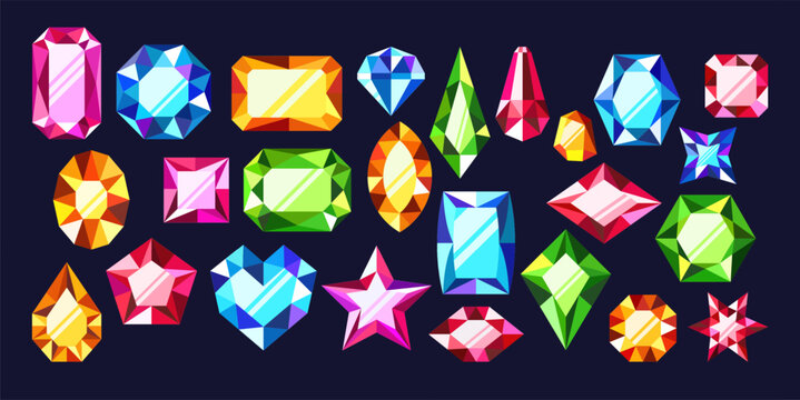 Gemstone Game Assets, Exquisite 2d Jewels, Featuring Vibrant Colors, Brilliant Facets And Intricate Designs, Vector Set