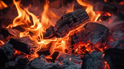  Burning firewood and coals of a fire close up. Background for grilled food with fire. © petrrgoskov