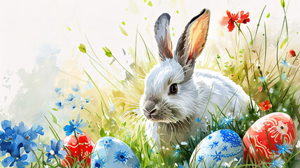Happy Easter. A hare is sitting in the grass with colorful eggs. Watercolour	