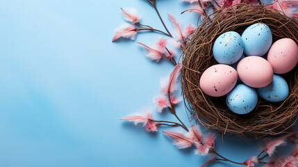 Colorful easter eggs on blue background. Top view with copy space	
