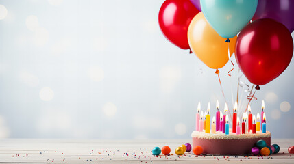 Birthday cake with candles and balloons, Colorful balloons on white background, Festive card for birthday party, anniversary, new year, Christmas or other events, Holiday background, Copy space