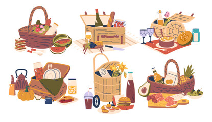 Set of Picnic Baskets With an Assortment Of Products, Perfect For Outdoor Gatherings. Includes Tasty Treats, Utensils
