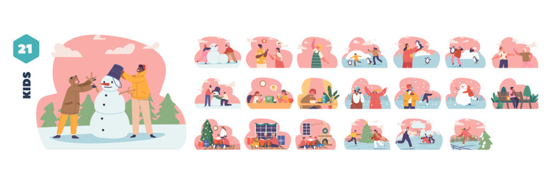 Isolated Elements with Children Enjoying Wintertime Activities. Kids Making Snowman, Gliding On Ice Rink, Vector Set
