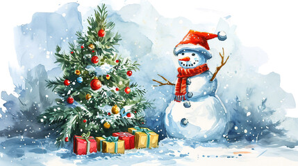 Obraz premium Snowman with a Christmas tree, watercolor
