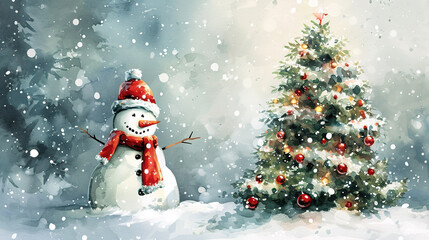 Snowman with a Christmas tree, watercolor - obrazy, fototapety, plakaty