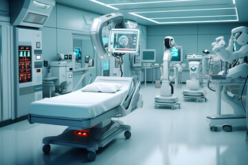 Futuristic hospital room with high tech medical equipment - AI-Driven Medical Facility: Robotic Surgery Suite with Smart Equipment - obrazy, fototapety, plakaty