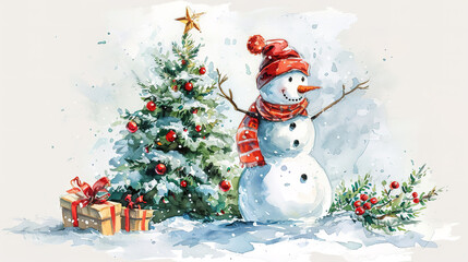Snowman with a Christmas tree, watercolor