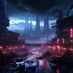Dystopian city engulfed in smog and neon lights.