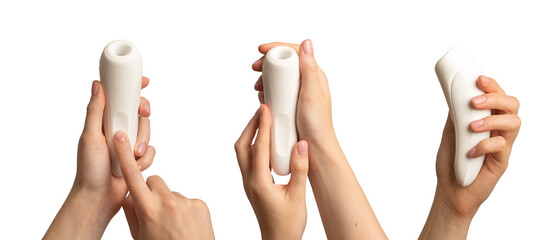 Women hand holding sex toy, masturbating item set, isolated on white