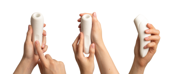 Women hand holding sex toy, masturbating item set, isolated on white