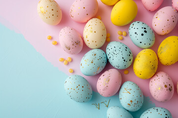 Fototapeta na wymiar Abstract holiday easter background, yellow, blue, pink color eggs. Easter banner can be used for holiday design, banners, greeting cards. Copy space