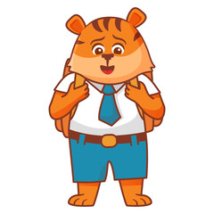 Little boy tiger animal.Happy kid tiger.Animal childhood cartoon.Student put hand up.School children tiger character with a backpack.Back to school animal. Tiger elementary student.