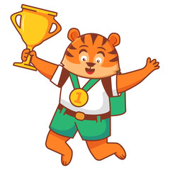 Cute tiger athlete holding award sport cup.Happy kid tiger win game trophy.Animal champion competition winner.Animal tiger sport winner gold medal and cup.Little kid holding trophy.