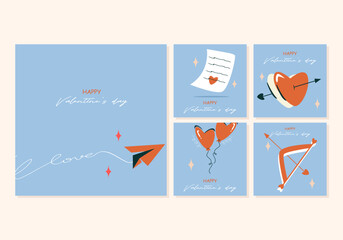 Social media post template love collection. Valentine's Day banner design in pastel colors. Set of square trendy templatesfor greeting cards, web internet ads. Vector illustration