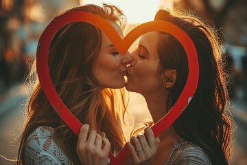 lesbian couple holding a heart-shaped frame and kissing each other outdoor - obrazy, fototapety, plakaty