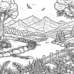 Natural scenary coloring book black and white. environment vector drawing