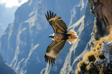 The Bearded Vulture soaring high above a rugged mountain landscape